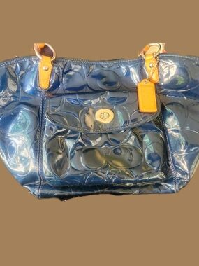 Coach Glossy Navy Patent Tote with Tan Leather Handles